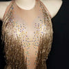 Sparkly Gold Rhinestone & Tassel Halter Neck Leotard Stage Costume