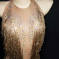 Sparkly Gold Rhinestone & Tassel Halter Neck Leotard Stage Costume