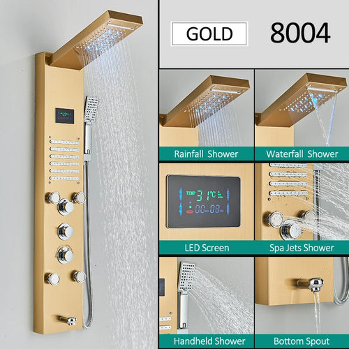 LED Shower Panel Tower System Rain Waterfall Shower Column Hydroelectricity LCD Display With Massage Body Spa Bath Shower Faucet
