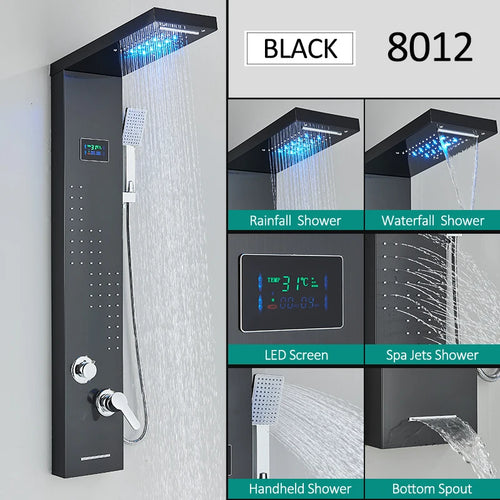 LED Shower Panel Tower System Rain Waterfall Shower Column Hydroelectricity LCD Display With Massage Body Spa Bath Shower Faucet