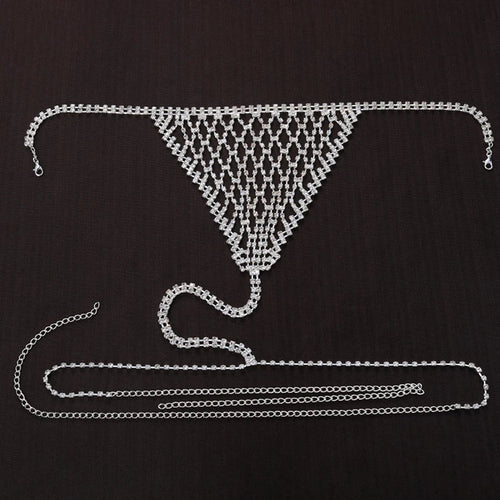 Luxury Rhinestone Grid Body Chain Set – Shimmering Crystal Mesh Bra & Thong Harness Set for Raves, Festivals & Exotic Clubwear