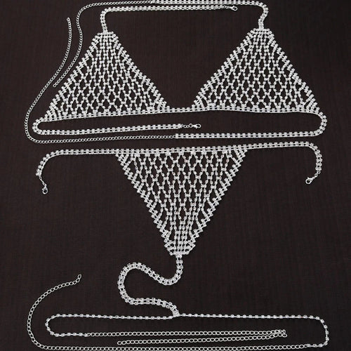 Luxury Rhinestone Grid Body Chain Set – Shimmering Crystal Mesh Bra & Thong Harness Set for Raves, Festivals & Exotic Clubwear