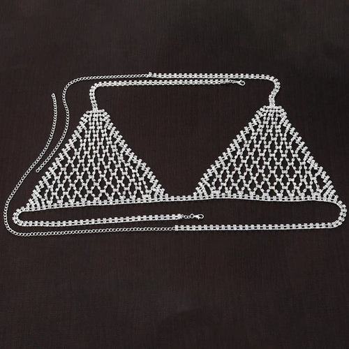 Luxury Rhinestone Grid Body Chain Set – Shimmering Crystal Mesh Bra & Thong Harness Set for Raves, Festivals & Exotic Clubwear