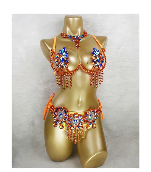 Sparkly Samba Carnival Stone Wire Bra, Belt & Necklace Three-Piece Costume Set
