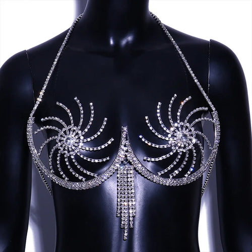 Luxury Crystal Swirl Micro Bikini Body Chain – Shimmering Rhinestone Tassel Bra & Exotic Chest Harness for Festivals, Raves & Clubwear