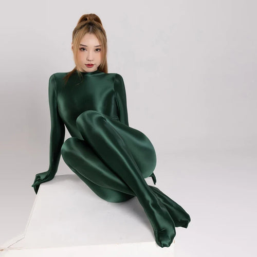Silky Oil Glossy Long Sleeve Thong Bodysuit Full-Length Shaping Jumpsuit