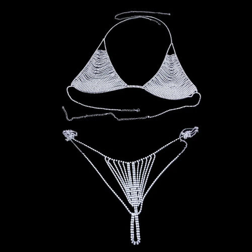 Luxury Rhinestone Bikini Body Chain Set – Shimmering Crystal Harness Bra & Thong Set for Festivals, Raves & Exotic Clubwear