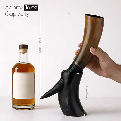 Real Ox Horn Drinking Horn with Stand 16 oz Beer Mug Gift