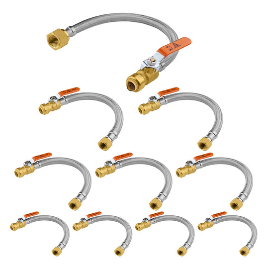 10 Pcs 3/4" Push fit x 3/4" FIP, 15" Flexible Water Heater Connector Hose, with Ball Valve