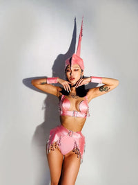 Crystal & PU Leather Roleplay Dance Costume Set