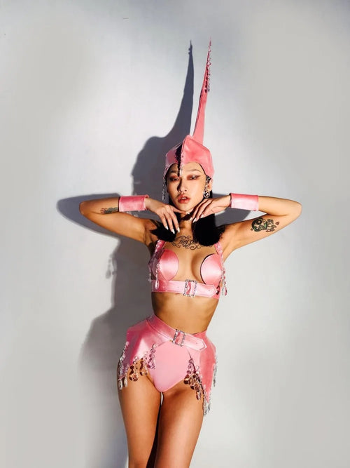 Crystal & PU Leather Roleplay Dance Costume Set