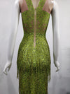 Sparkly Lime Green Rhinestone & Tassel Fringe Bodycon Dress Stage Performance Costume