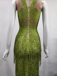 Sparkly Lime Green Rhinestone & Tassel Fringe Bodycon Dress Stage Performance Costume