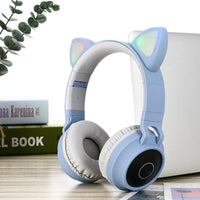 STEVVEX New Luxury Interesting LED Cat Ear Noise Cancelling Headphones Bluetooth 5.0  For Young People and  Kids Headset Support TF Card 3.5mm Plug With Mic