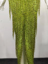 Sparkly Lime Green Rhinestone & Tassel Fringe Bodycon Dress Stage Performance Costume