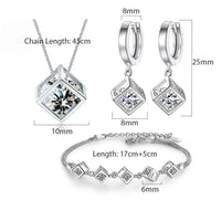 New Style Stamp Silver Color Jewelry Luxury Sets Zircon Elegant Square Cube Necklace Earrings Bracelet For Women