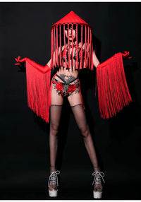 Red Rose Floral Fringe Bikini & Matching Fringe Gloves Stage Performance Costume Set