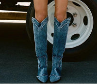 Handcrafted Distressed Denim Knee-High Boots