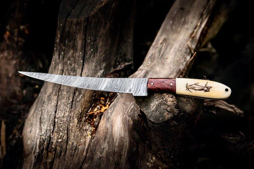 Custom Handmade Filleting Knife for Fish – 13" Damascus Steel Blade with Camel Bone & Rosewood Handle