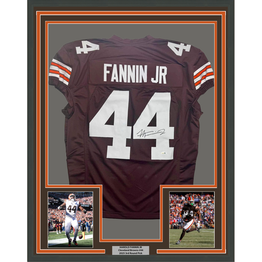 Framed Autographed/Signed Harold Fannin Jr. 35x39 Cleveland Football Brown Jersey JSA COA