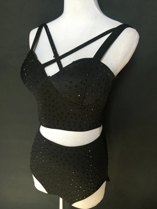 Sparkly Rhinestone Crop Top & High-Waisted Shorts Two-Piece Dance Costume Set