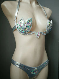 Luxury Rhinestone Cut-Out Leotard – Shimmering Crystal Stage Bodysuit & Harness Costume for GoGo Dancers, Circus Acts & Raves