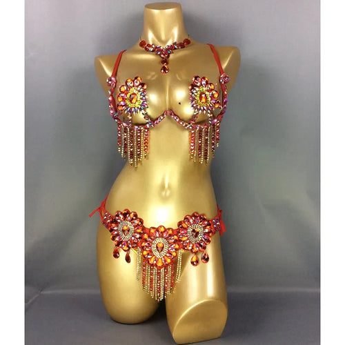 Sparkly Samba Carnival Stone Wire Bra, Belt & Necklace Three-Piece Costume Set