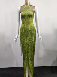 Sparkly Lime Green Rhinestone & Tassel Fringe Bodycon Dress Stage Performance Costume