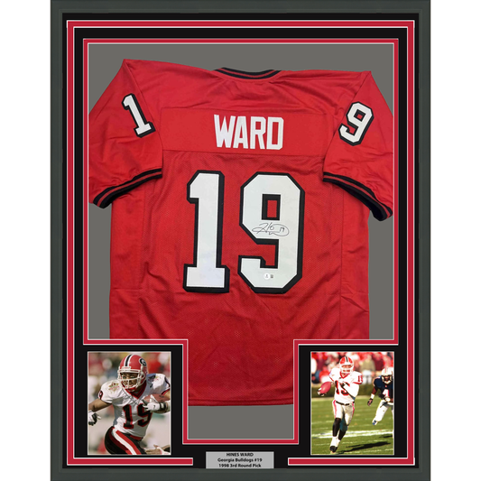 Framed Autographed/Signed Hines Ward 35x39 Georgia Red College Football Jersey Beckett BAS COA