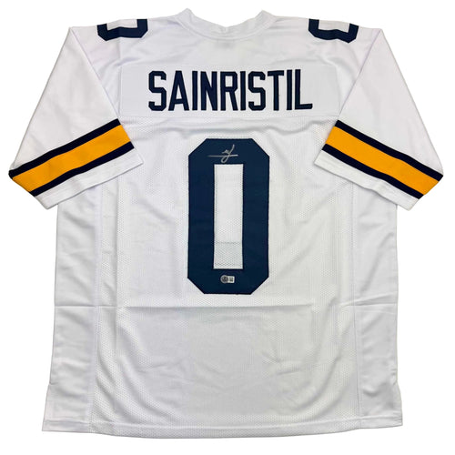 Autographed/Signed Mike Sainristil Michigan White College Football Jersey Beckett BAS COA
