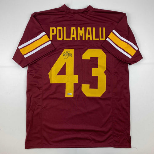 Autographed/Signed Troy Polamalu USC Southen Cal Maroon College Football Jersey Beckett BAS COA