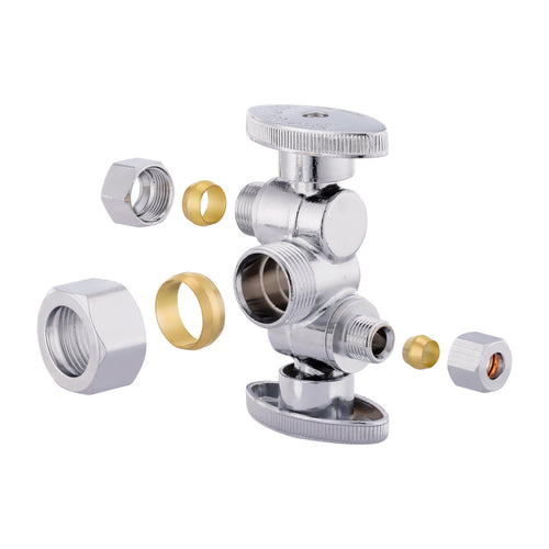 5/8" ODx 3/8" OD Compr. x 1/4" OD Compr. Dual Stop Valve, 1/4 Turn (Lead Free) Plumbingsell