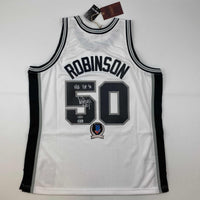 Autographed/Signed David Robinson NBA Top 50 San Antonio Spurs White Authentic M&N Basketball Jersey Beckett BAS COA