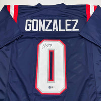 Autographed/Signed Christian Gonzalez New England Blue Football Jersey Beckett BAS COA