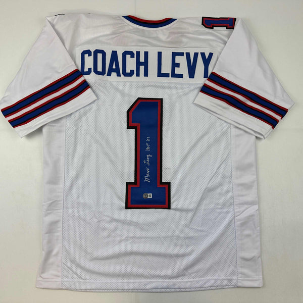Autographed/Signed Coach Marv Levy HOF 01 Buffalo White Football Jersey Beckett BAS COA