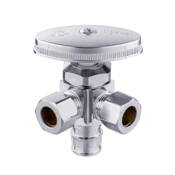 1/2" Pex-a Expansion (F1960) Inlet x 3/8" ODx 3/8" OD Compr. Dual Angle Stop Valve, Multi Turn (Lead Free) Plumbingsell