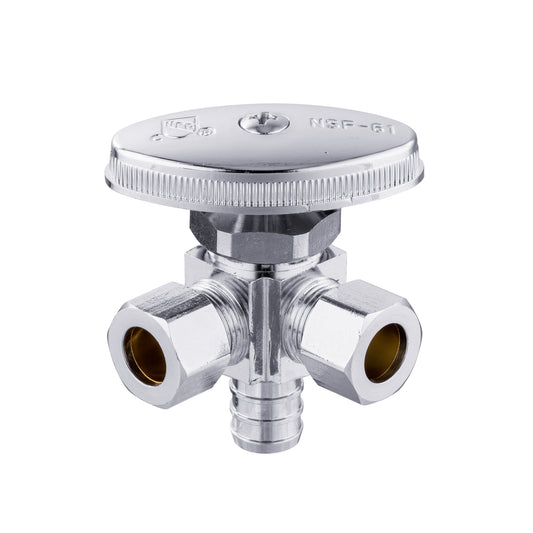 1/2" PEX Crimp x 3/8" ODx 3/8" OD Compr. Dual Angle Stop Valve, Multi Turn (Lead Free) Plumbingsell