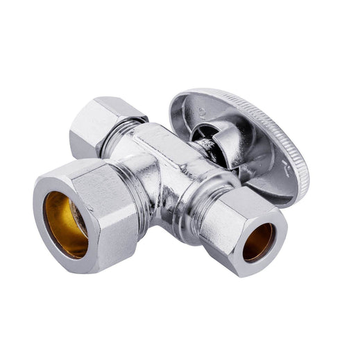 5/8" OD Compr. x 3/8" OD Compr. x 3/8" OD Compr. Dual Outlet Angle Stop Valve, 1/4 Turn (Lead Free) Plumbingsell