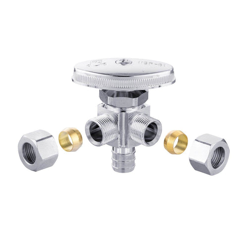 1/2" PEX Crimp x 3/8" ODx 3/8" OD Compr. Dual Angle Stop Valve, Multi Turn (Lead Free) Plumbingsell