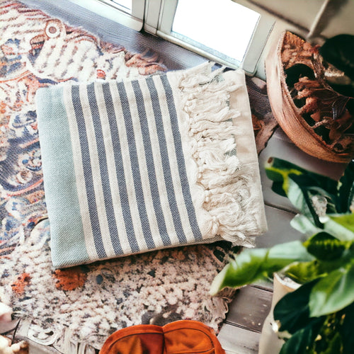 Mediterranean Cotton Bath Towel 180GSM Lightweight Gray Blue Summer