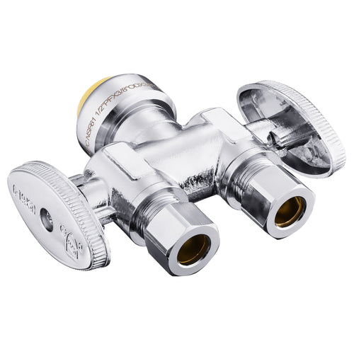 10 Pcs 1/2" Push Connect x Dual 3/8" OD Compr. Compr. Straight Stop Valve, 1/4 Turn (Lead Free) Plumbingsell