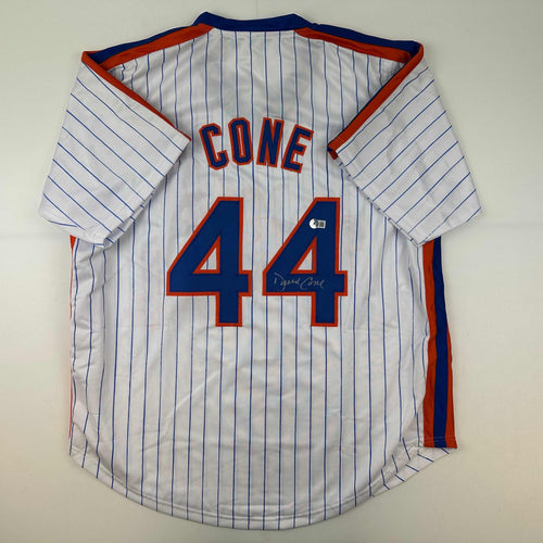 Autographed/Signed David Cone New York Pinstripe Baseball Jersey Beckett BAS COA
