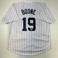 Autographed/Signed Aaron Boone New York Pinstripe Baseball Jersey Beckett BAS COA
