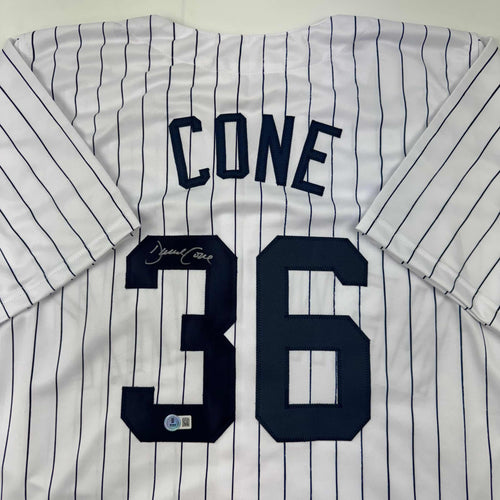 Autographed/Signed David Cone New York Pinstripe Baseball Jersey Beckett BAS COA