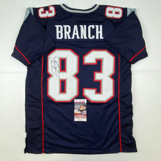 Autographed/Signed Deion Branch #83 New England Blue Football Jersey JSA COA