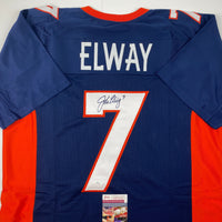 Autographed/Signed John Elway Denver Blue Football Jersey JSA COA