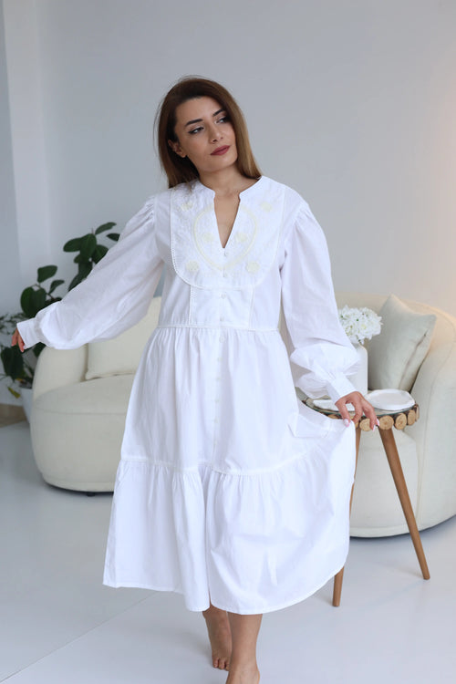 embroidered casual midi dress off white Available in s to 3xl