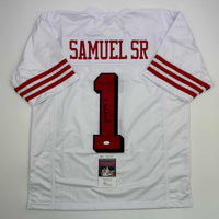 Autographed/Signed Deebo Samuel Sr. #1 San Francisco White Alternate Football Jersey JSA COA