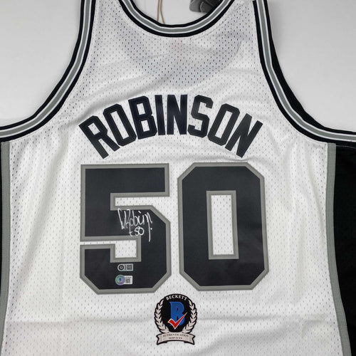 Autographed/Signed David Robinson San Antonio Spurs White Mitchell & Ness HWC Basketball Jersey Beckett BAS COA