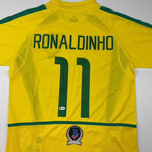 Autographed/Signed Ronaldinho Brazil Yellow Soccer Futbol Jersey Beckett BAS COA